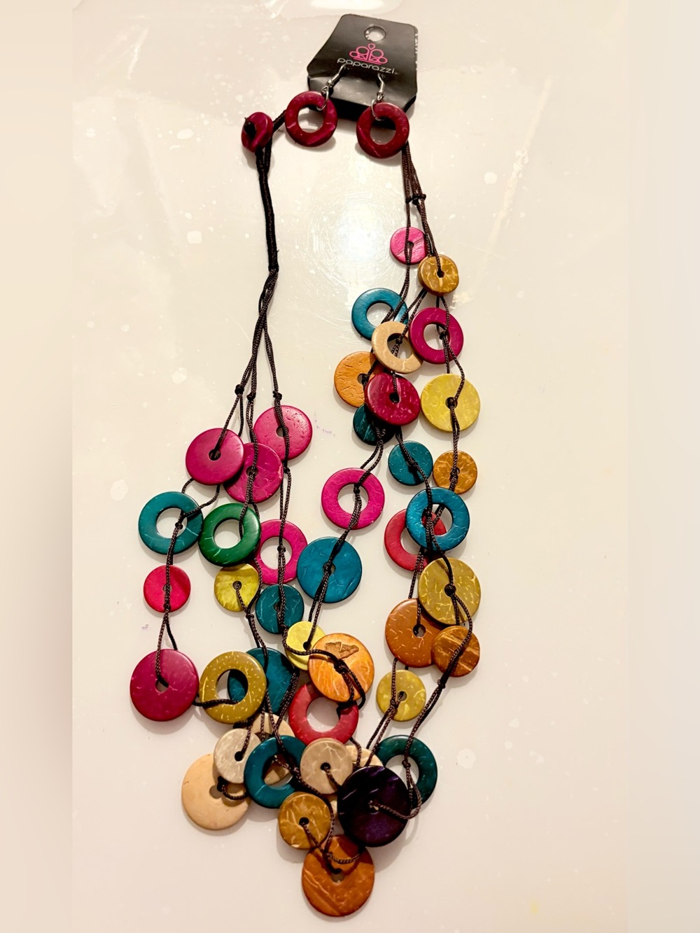 paparazzi Bright Multicolor Wood Round Disc Layered Necklace With Earrings